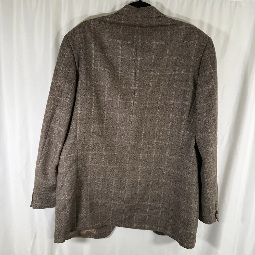 Hugo Boss Virgin Wool Blazer Men's 42L Brown Plaid 3 Button Front Inside Pockets